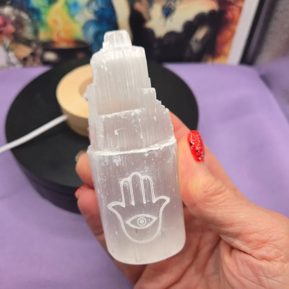 Selenite Crystal Tower 7-Color Changing LED Lamp etched with Hamsa Hand Evil Eye